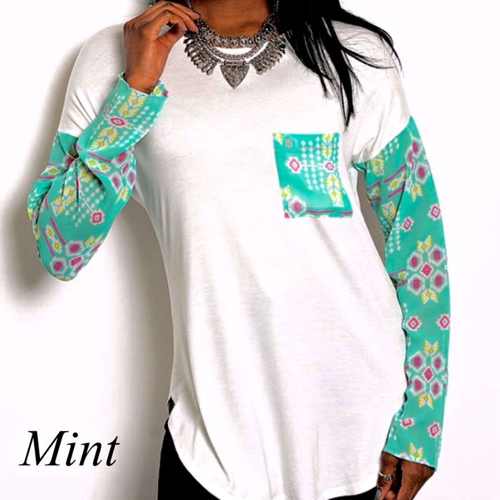 Mint tribal print long sleeve shirt